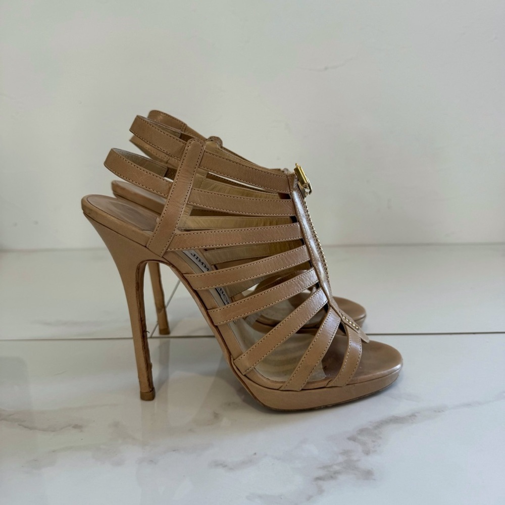 - Jimmy Choo Tan Leather Caged Heels